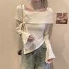 Korean Sweet One-word Shoulder Horn Sleeve Knitted Sweater Women's Autumn Irregular Inner Sweater Flowers