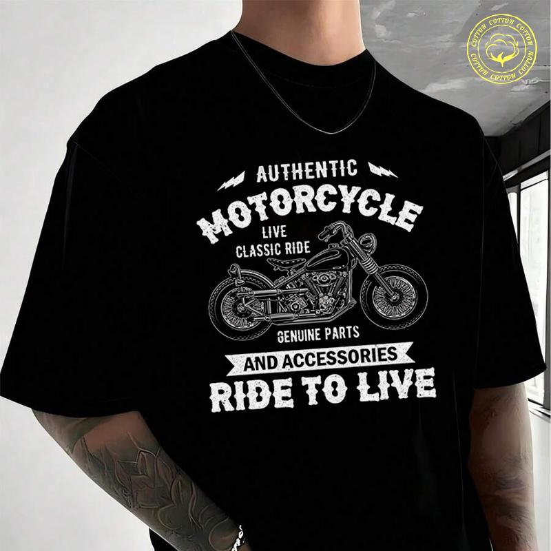 Authentic Motorcycle Live Classic Ride Men's Moto T-Shirt Fashionable Casual Street Suitable Fo