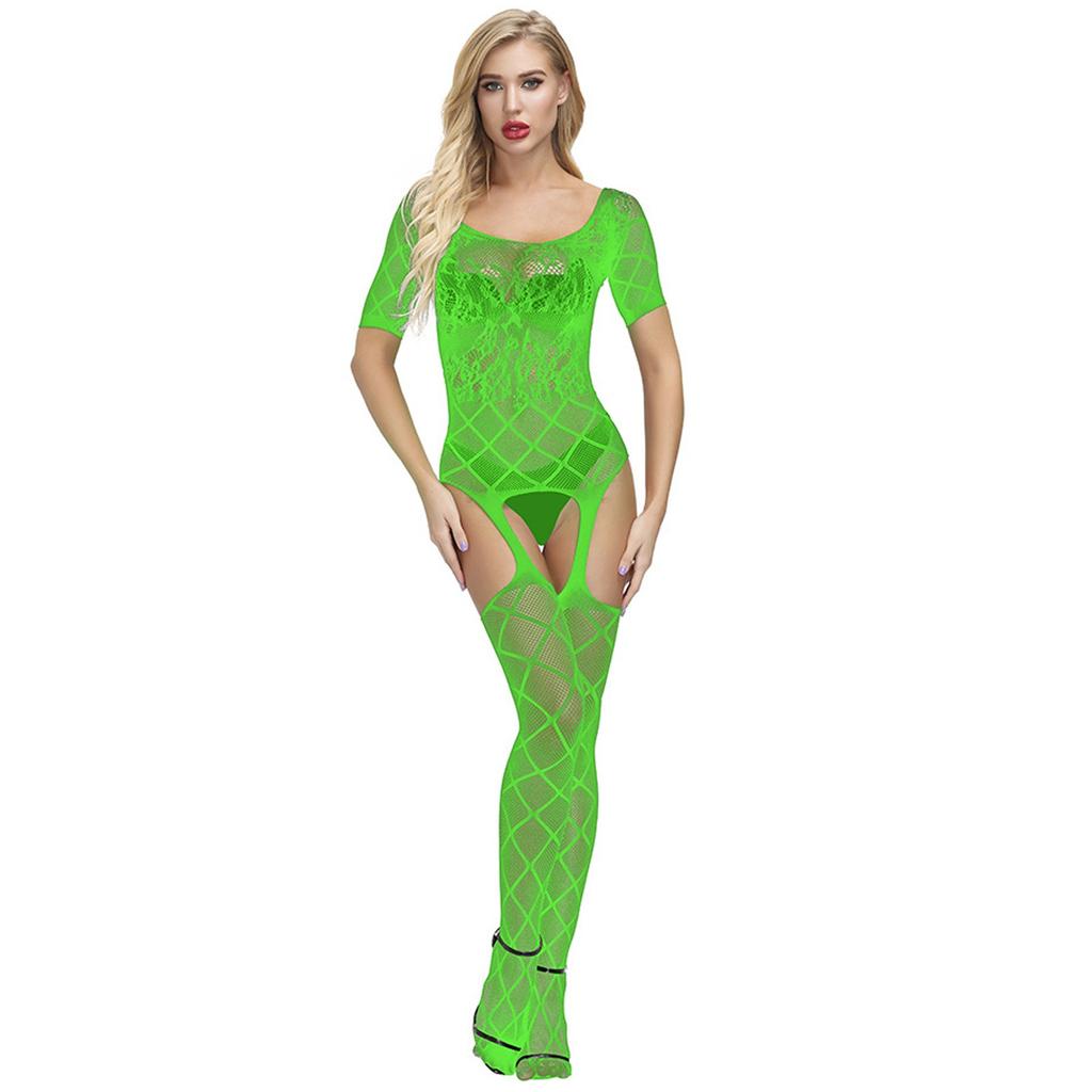 Women's Sexy Fishnet Bodysuit Lingerie, Open Crotch Bodystocking, Lace Mesh Teddy with Garter Straps