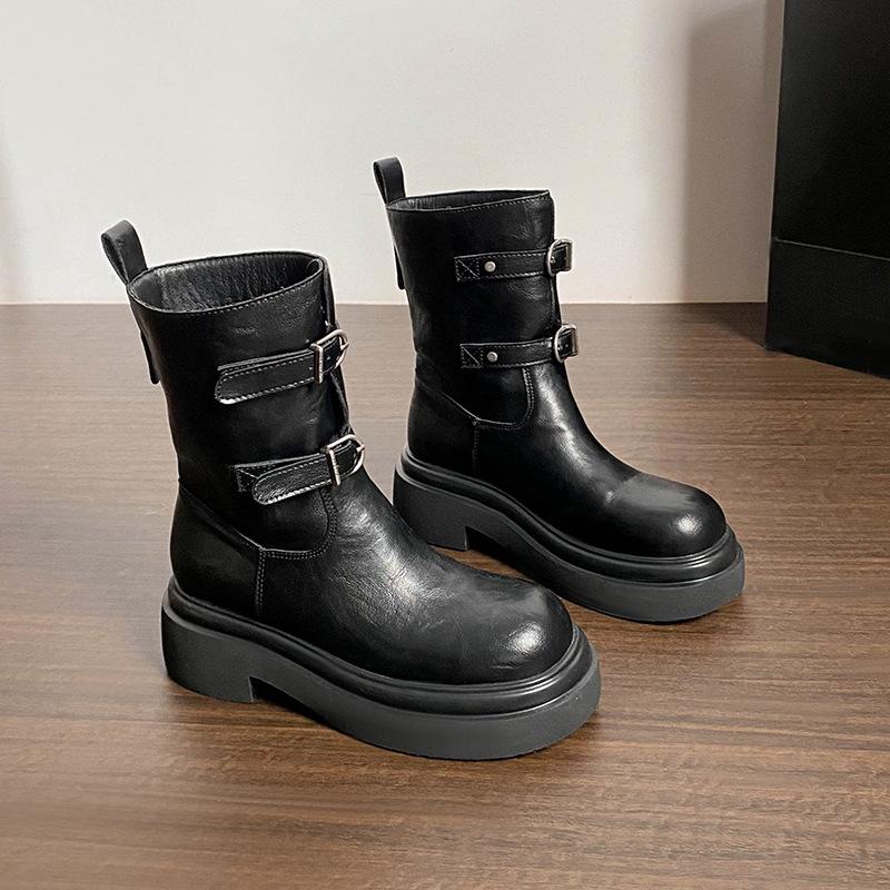

New breasted fashionable round-headed boots for women, thick-soled versatile tall tube, black Korean version, retro knight locomotive short boots f 40