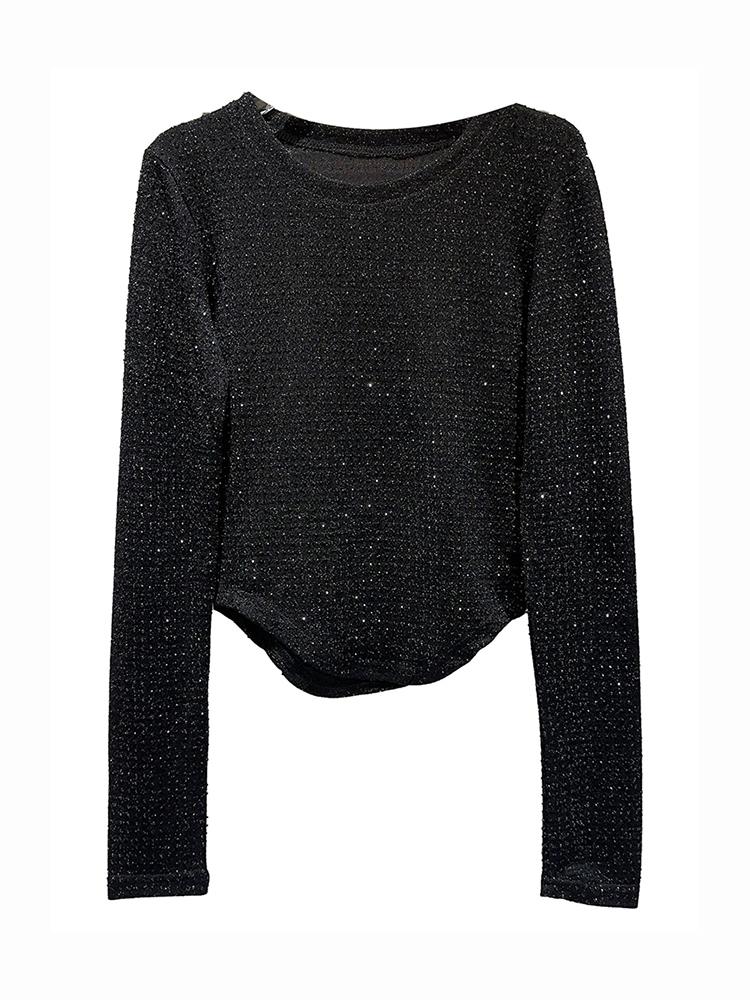 Casual Diamond Bright Design Long Sleeve T-shirt For Women Irregular Round Neck Simple Top 2026 Autumn Female New 11XX5835