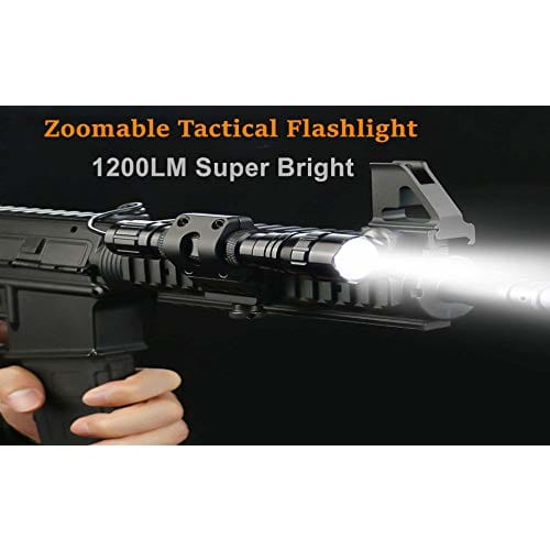 Tactical LED Flashlight, 1200 Lumens, High-Brightness LED, Zoomable, with Mounting Ring (Compatible with 20mm Rails), Weapon/Flashlight, Remote & Push
