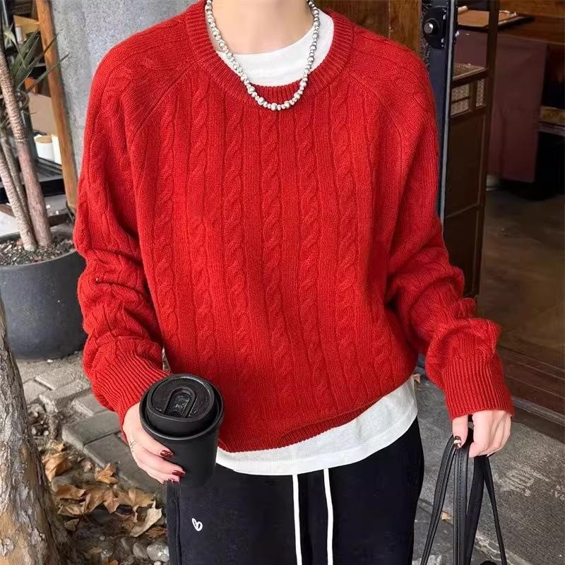 Women's Cable Knit Embroidered Loose Sweater - Casual Round Neck, Solid Color, Warm and Versatile for Autumn and Winter