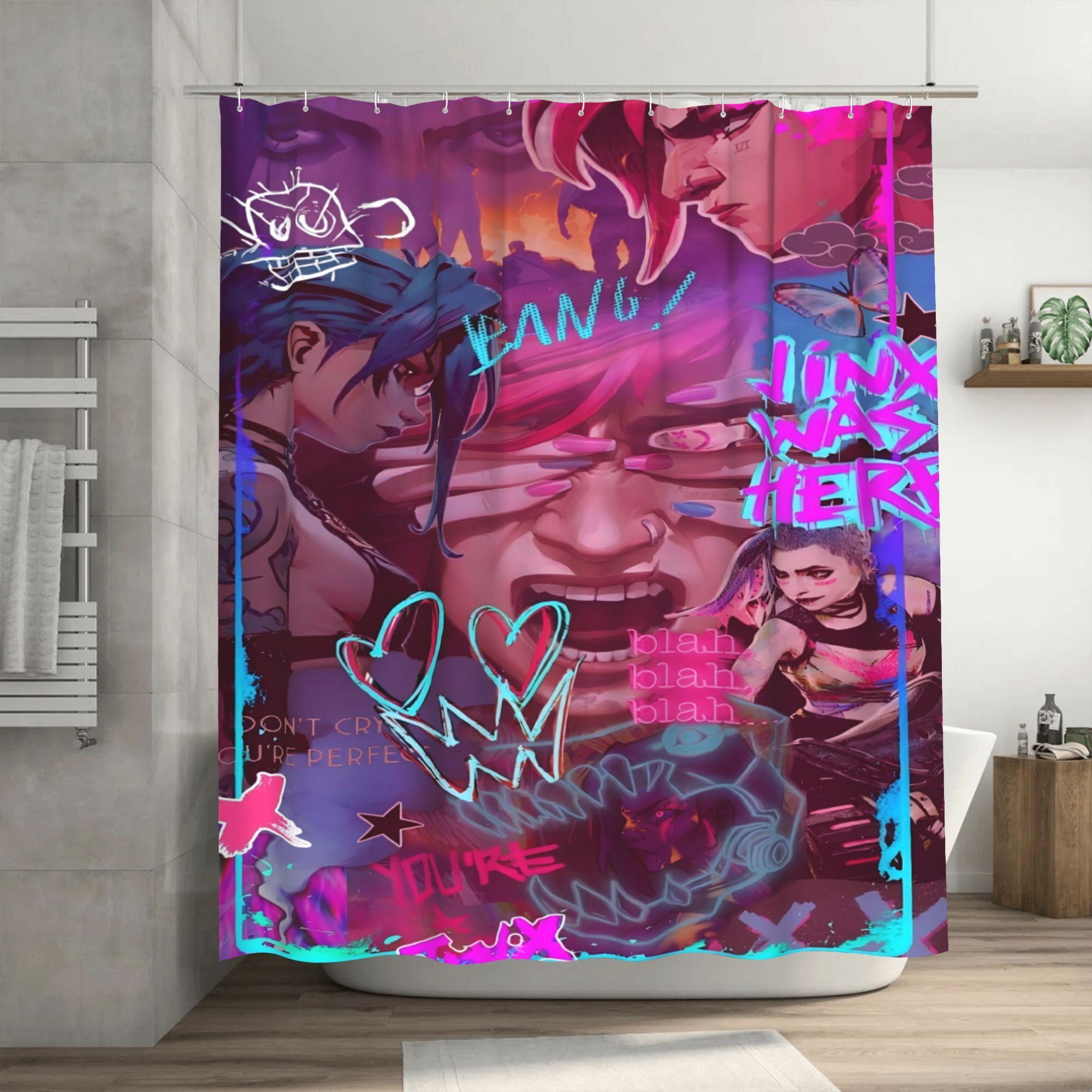 

Arcane Inspired Shower Curtain with Hooks - Vibrant Neon Graffiti Art Design, Durable Polyester Fabric, Machine Washable Bathroo 90x180cm