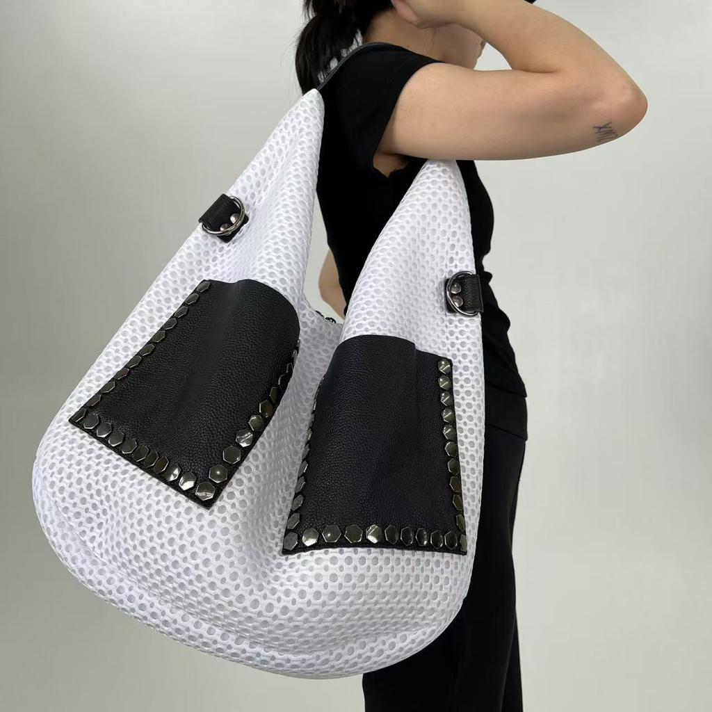 Women'S Mesh Splicing Leather Bucket Bag Large Capacity Retro Personalized Shoulder Bag