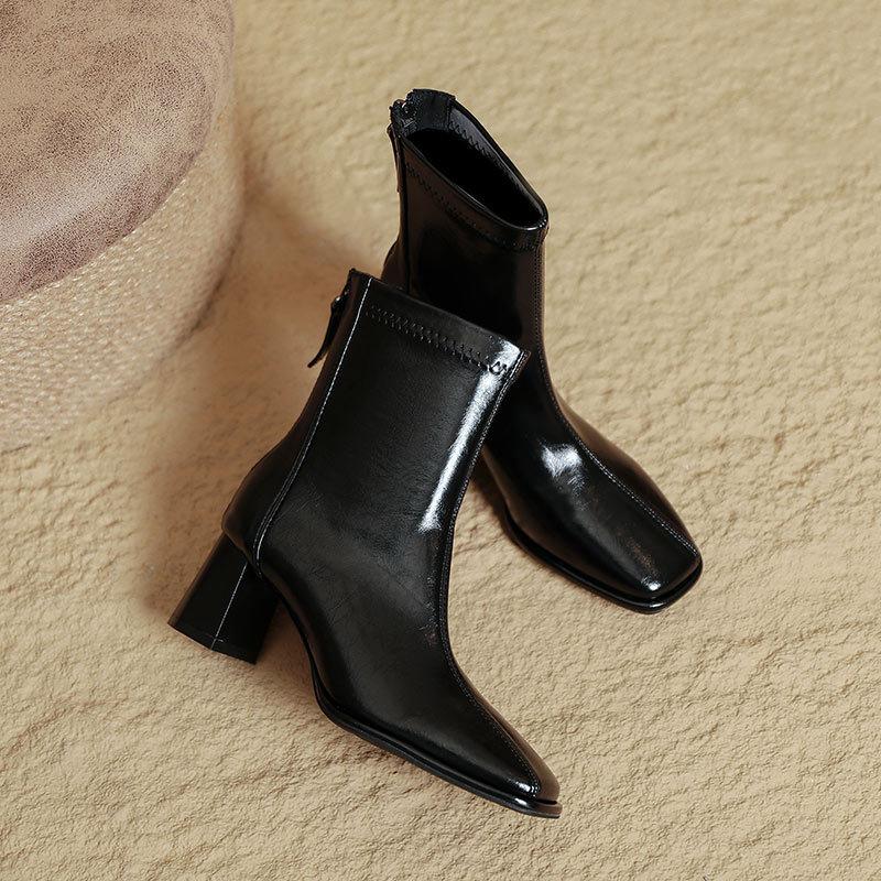 White French Small Short Boots Women's Spring and Autumn Single Boots 2025 Autumn and Winter New Women's Thin Boots Thick Heel Square Head High Heel B