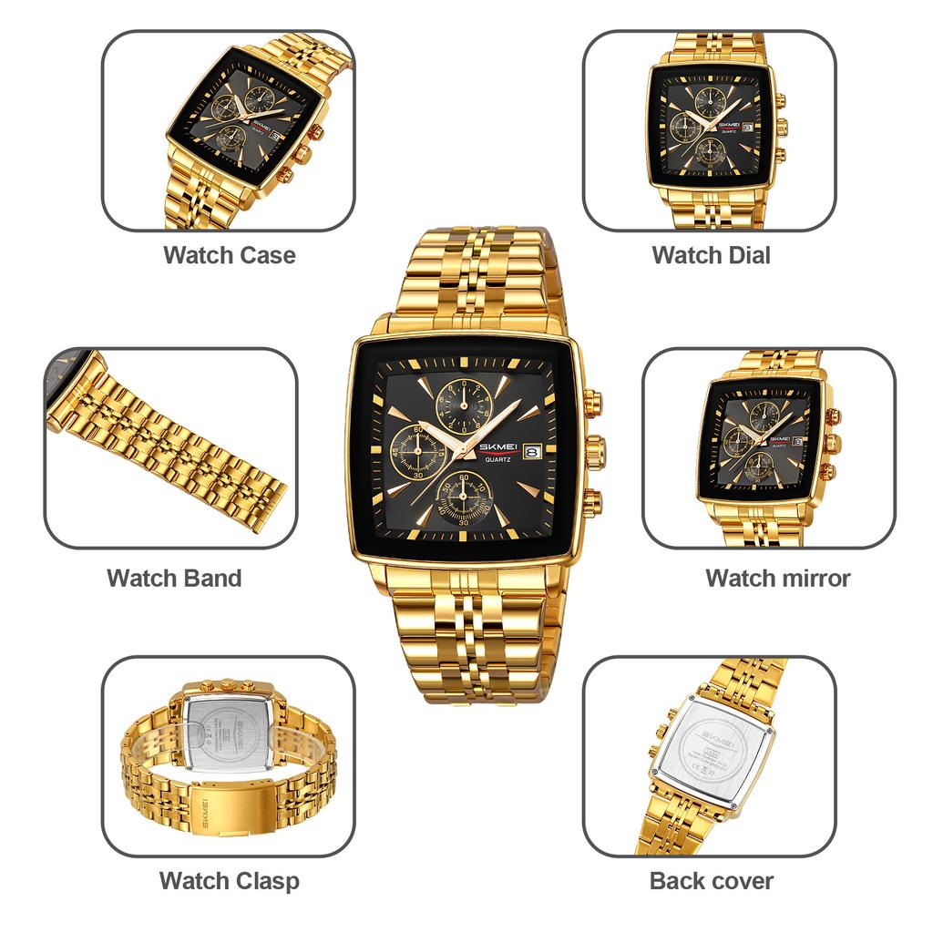 Skmei Luxury Quartz Mens Casual Top Brand Square Watches Movement Waterproof Mens Wristwatches Date Week Display Male Clock