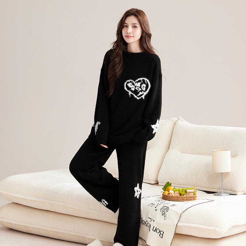 Cozy Husky Print Velvet Pullover Pajamas Set for Women & Couples, Suitable for Indoor & Outdoor Wear