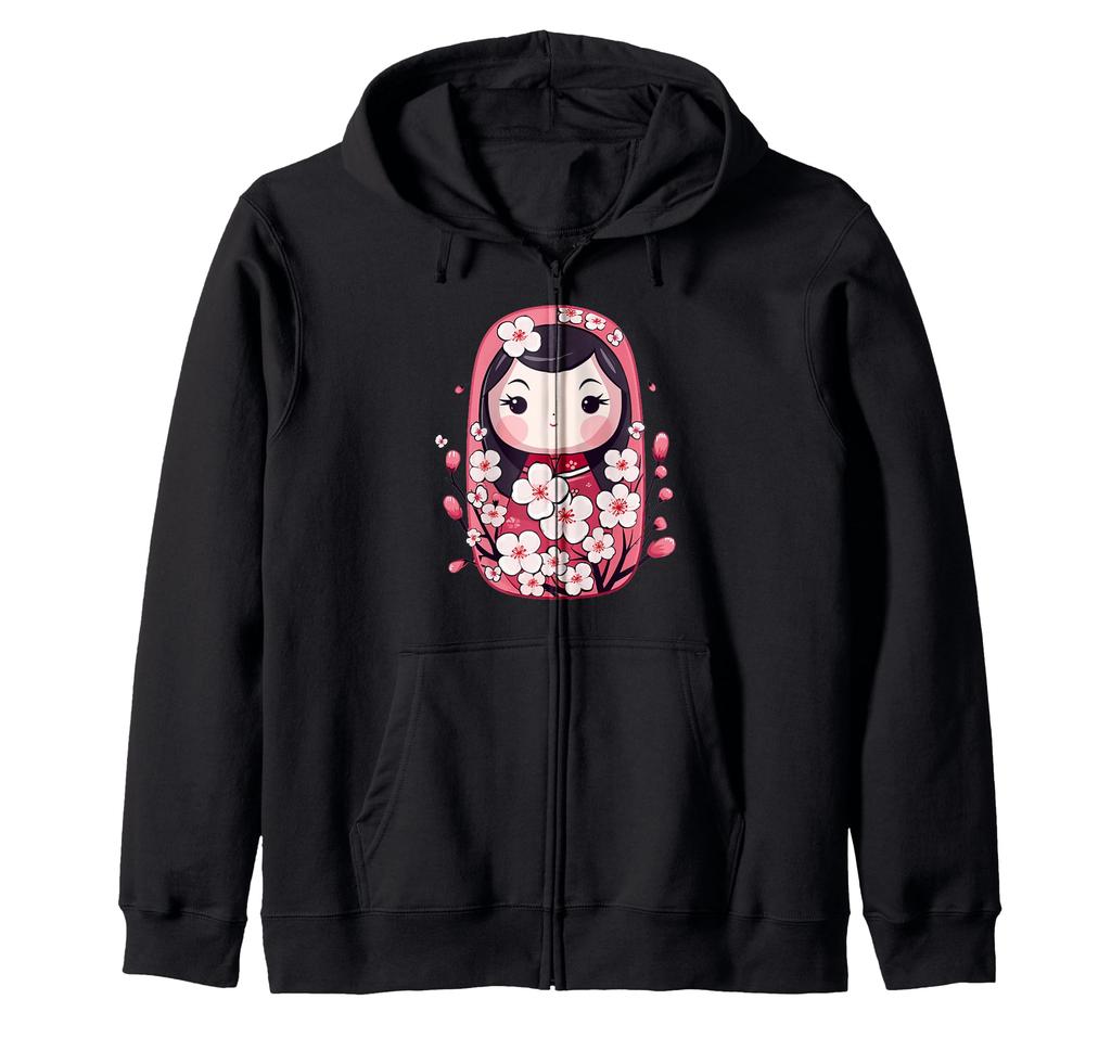 Cute Cherry Blossom Kokeshi I Kokeshi Zip Hoodie