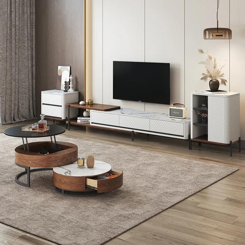 For Nordic Stone Plate Lifting Coffee Table TV Cabinet Combination Modern Simple and Light Luxury Round
