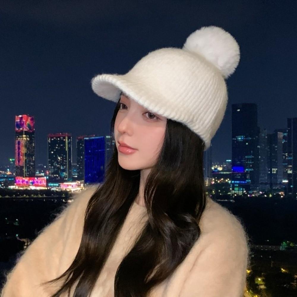 Solid Color Warm Wool Cap Thermal Ear Protection Hat Cute Pompom Plush Beanie Winter
