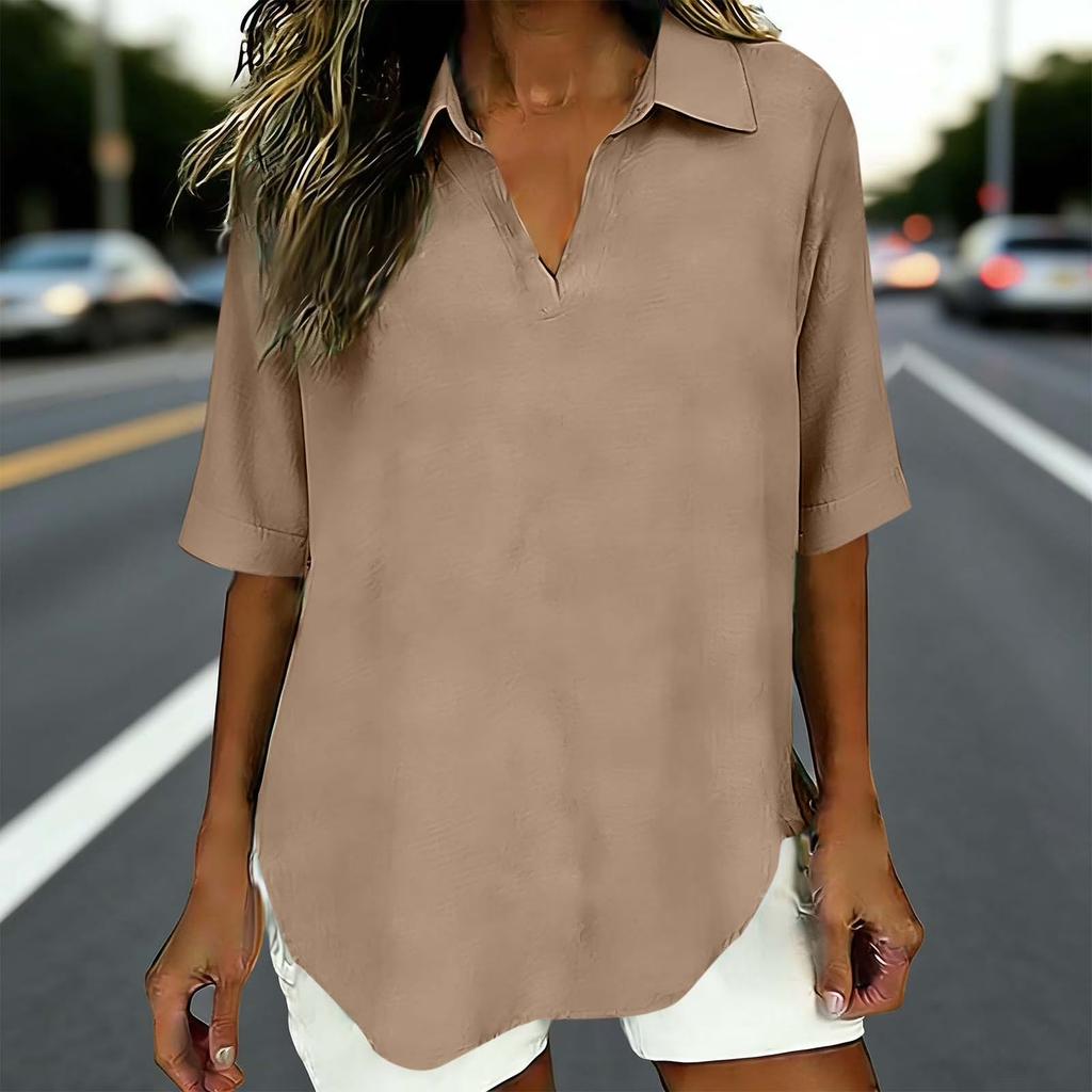 Women's  Fashionable Loose Color V-Neck Casual Cotton And Linen Shirt T-Shirt Top