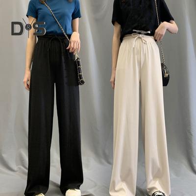Pantaloni casual da donna con coulisse elastica, vita alta, gamba larga, pantaloni lunghi, tinta unita, pantaloni sottili per il tempo libero