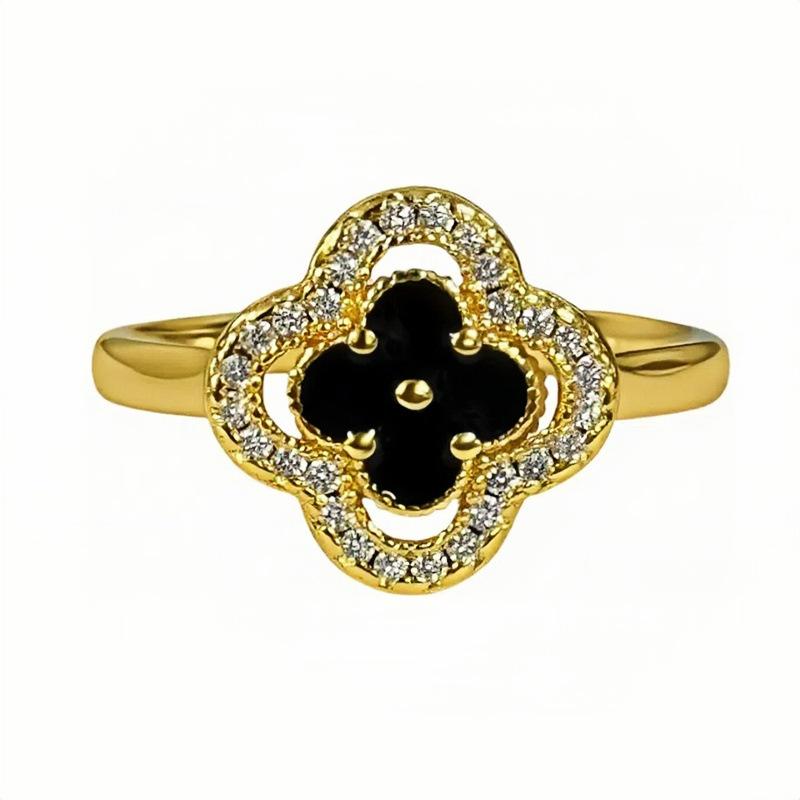 Niche High-End Zircon Enamel Dripping Oil Dark Four-Leaf Clover Open Ring, Female Delicate Personality Stacked Index Finger Ring