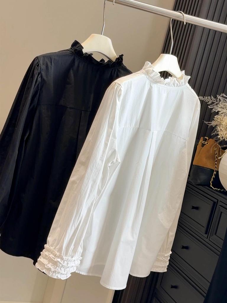 Spring 2026 Women's White Ruffle Stand Collar Loose Shirt