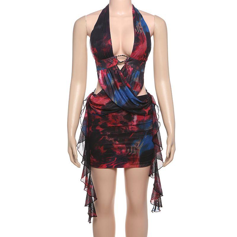 

Western Style Ins New Fashion Hanging Neck Mesh Floral Print Sheath Short dress Sexy Backless Cut-out Dress Pink M