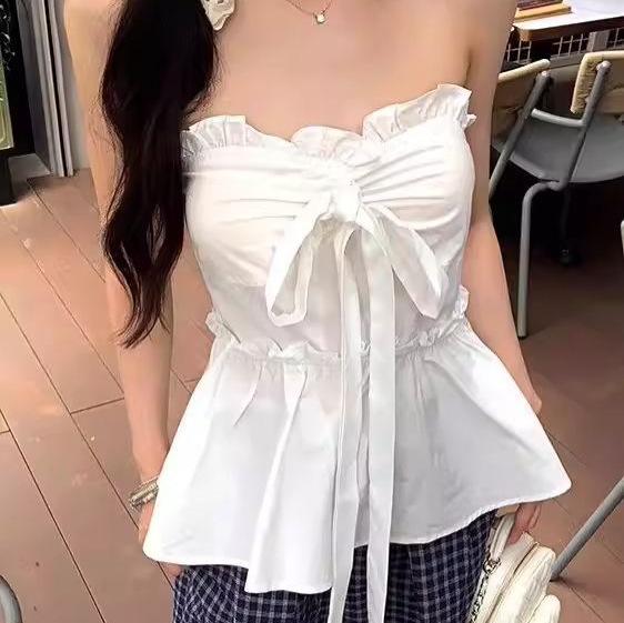 Summer New Sweet and Spicy Style Bow Lace-up Tube Top Women Slim and Thin Fungus Edge Sleeveless Top