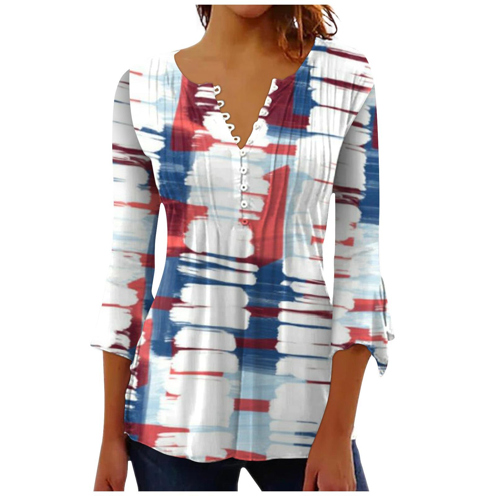 

Женская модная футболка с короткими рукавами и v-образным вырезом с принтом ко Дню независимости с седьмым рукавом M белый