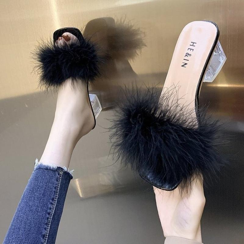 Fashion Mules Sandal Women Summer Outdoor Fashion Slippers Square Toe High Heels Office Ladies Feather Slides Chic Classics Furry Shoes