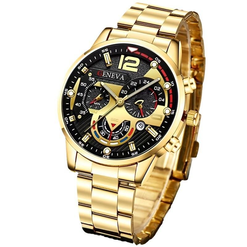 4pcs Luxury Men Business Quartz Watch Gold Roman with Calendar Wrist Watch Cross Necklace Bracelet Ring Set Men's Gift NO BOX