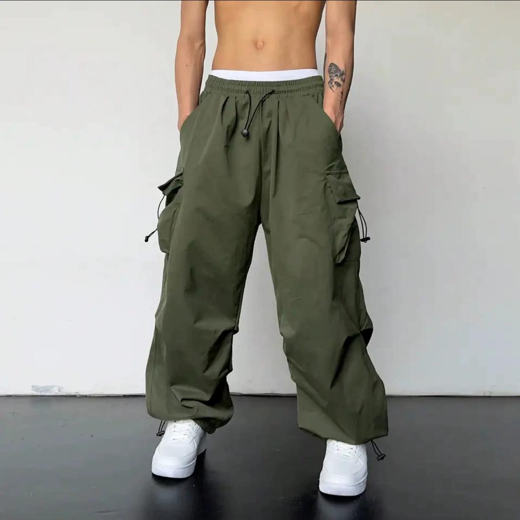 American Retro Workwear Casual Pants Men's High Street Couple Loose Functional Style Drawstring Tied Foot Long Pants