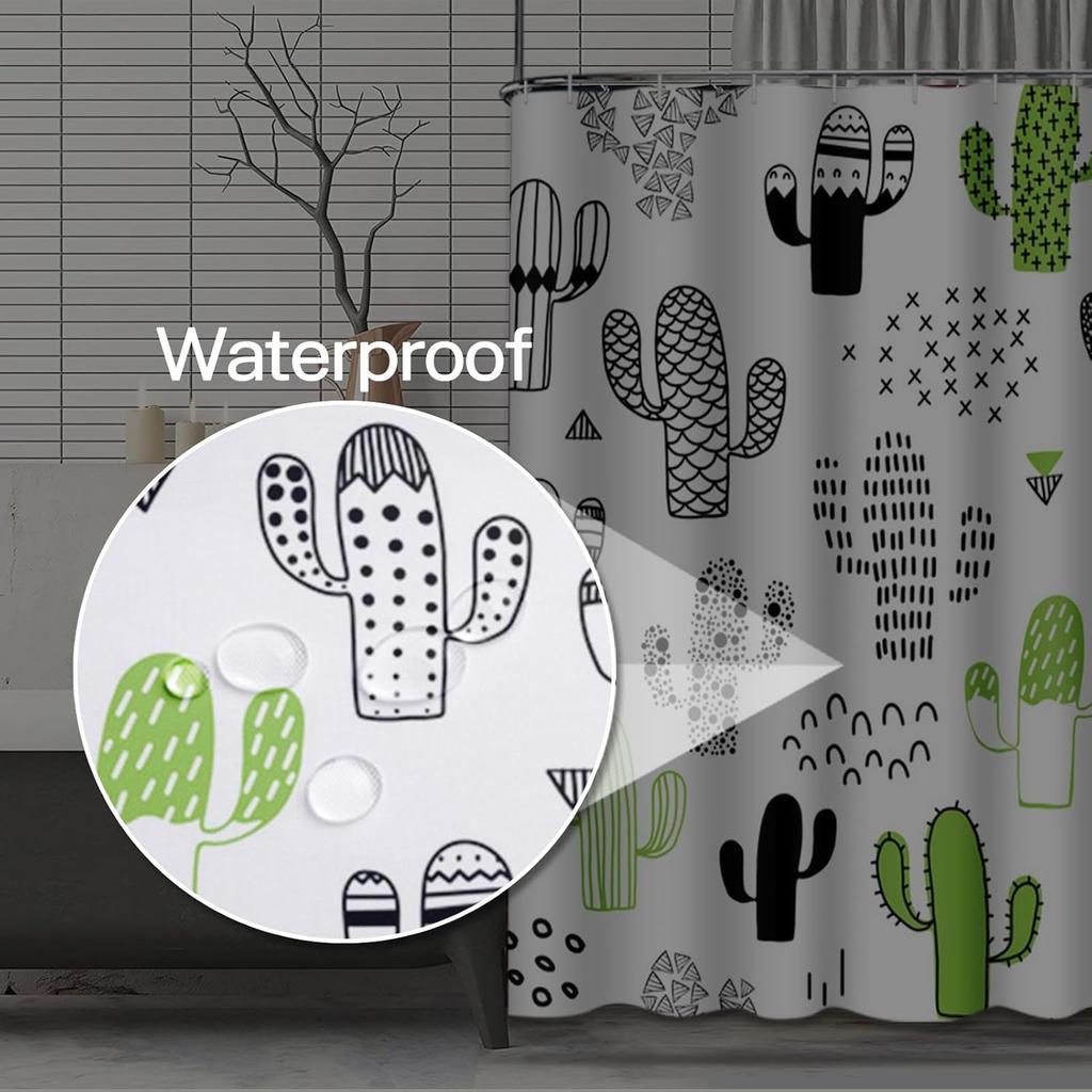 Black Desert Shower Curtain - Cute Hand Drawn Cactus & Geometric Design, Waterproof Polyester Fabric With Hooks, Bath Decor