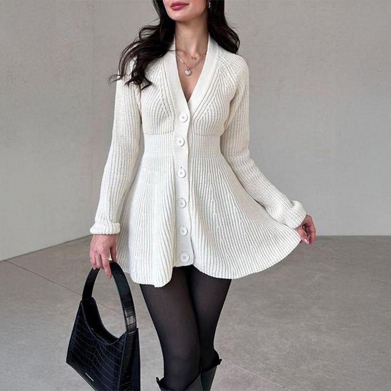

European and American Foreign Trade Women clothes Autumn and Winter Amazon Independent Station Fashion Casual Long sleeve Knit sweater Dress White L