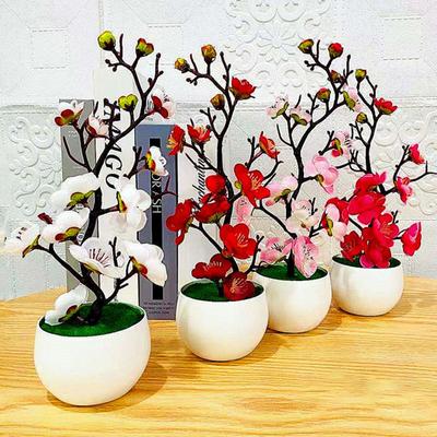 1PC Office Desktop Bonsai Vase Ornament Silk Flower Artificial Potted Plants Plum Flower Background