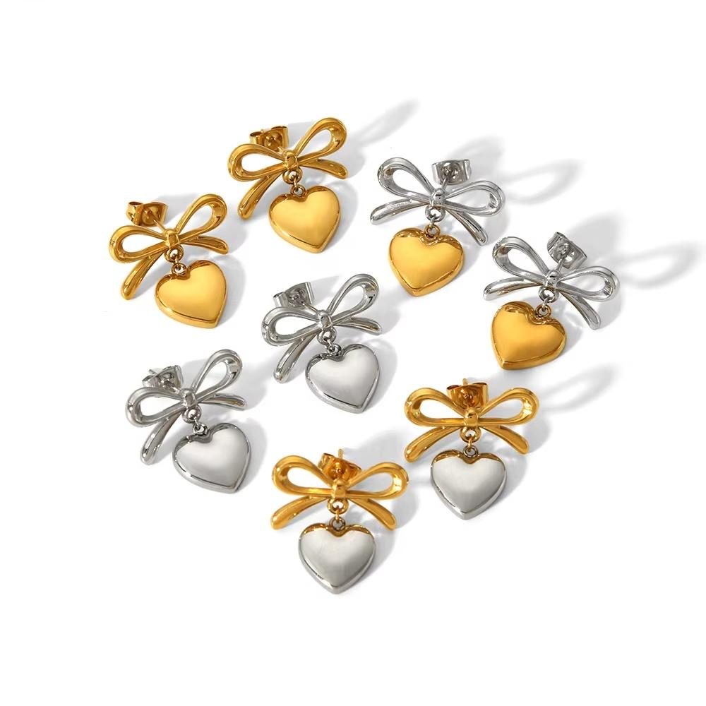 Simple Exquisite Gold Plated Heart-Shaped Pendant Earrings Stainless Steel Bowknot Stud Earrings Suitable For Daily Wearing