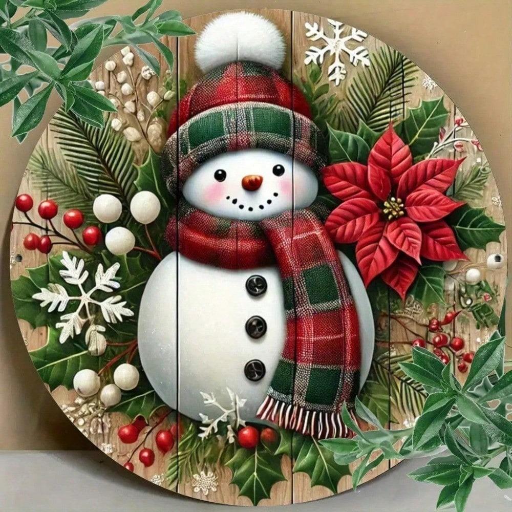 Flaches Bedrucktes Metall Schneemann Schild 8x8 Zoll Rundes Blech Wandkunst Zuhause Bar Cafe Dekor