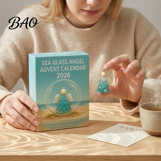 Christmas Tree Pendant Set Sea Glass Angel Advent Calendar with 24 Hanging Ornaments for Decoration, Holiday Countdown Gift Handmade 2D Flat Pendants
