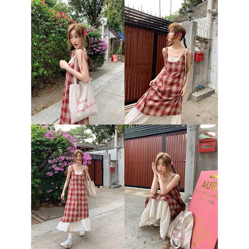 Red Plaid Lace Spaghetti Strap Dress - Women's Summer Beach Holiday Style