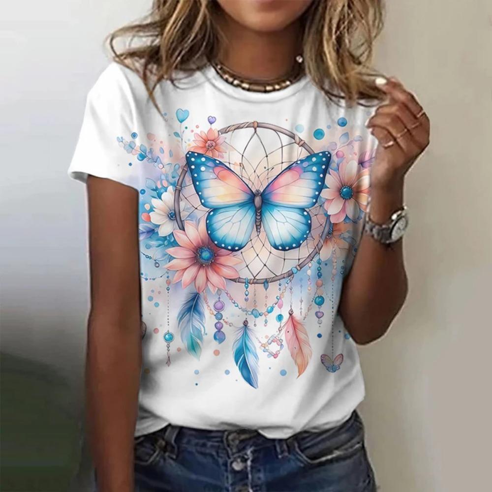 Summer Dreamcatcher 3D Print T-Shirt Women's Street Casual Retro Y2K Short Sleeve Crew Neck Top