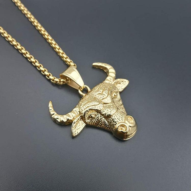 Hip Hop New Bull Head Man Pendant 316L Stainless Steel Fashion Gold Color with Zircon Punk Pendant 60cm золотой
