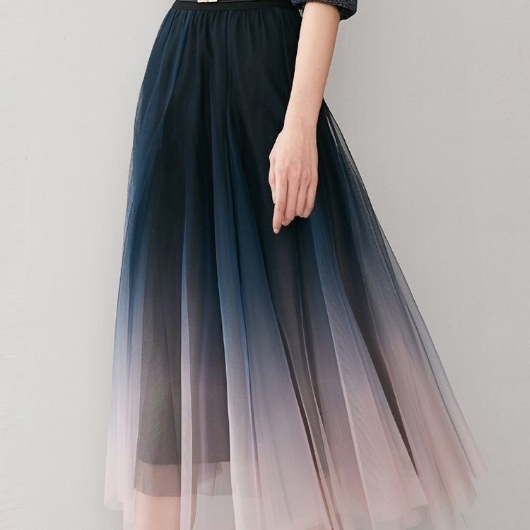 Women High Waist A-Line Mid-Length Gradient Mesh Tulle Skirt Fashion Spring Summer Half Skirt