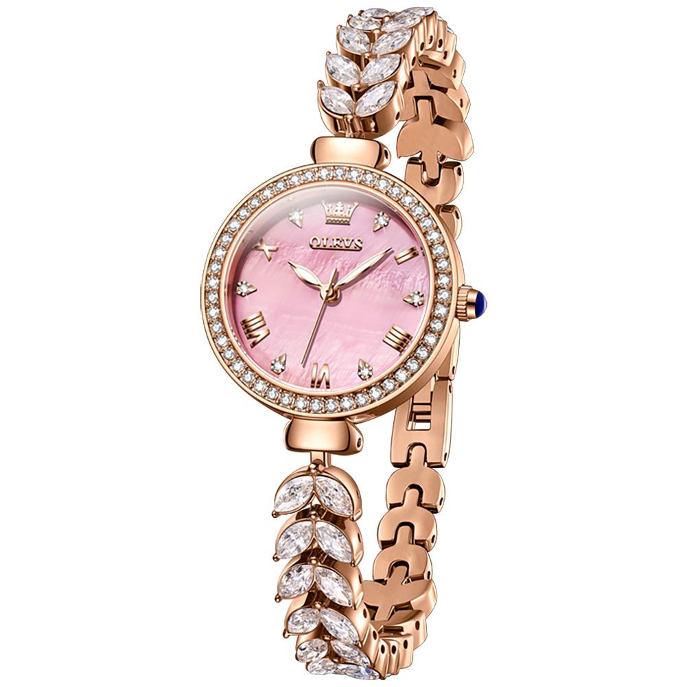 Luxury OLEVS Female Quartz Watch Crystal Inlaid Bezel Green Sunburst Dial Rose Gold Bracelet Ladies Dress Wristwatch Gift