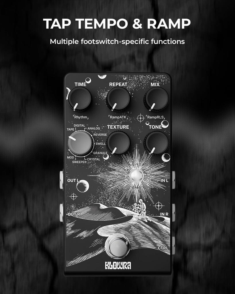 Klowra Everlast Delay Pedal for Electric Guitar - 2025 Edition Digital Guitar Effect Pedal with 9 Stereo Delay Types, Tap Tempo, True Bypass, Analog