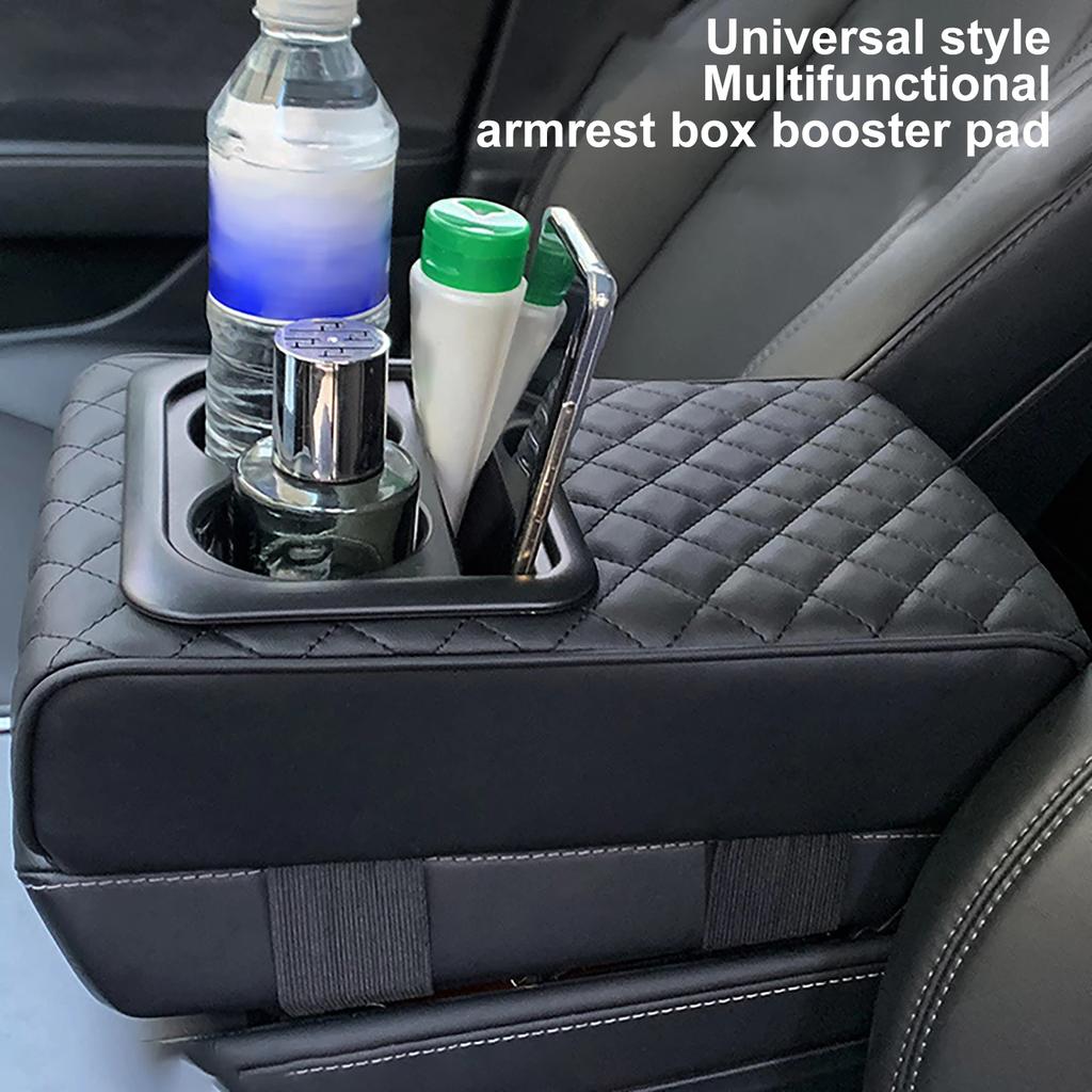 With 2 Cup Holders PU Leather Armrest Cushion, Car Center Console Armrest Cushion, Portable Car Amrest Pillowcase Height Cushion