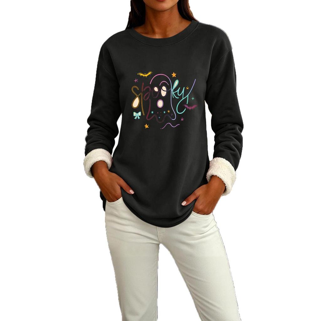 Women's Long Sleeve Round Neck Top with Halloween Print, Cozy Winter Casual Pullover
