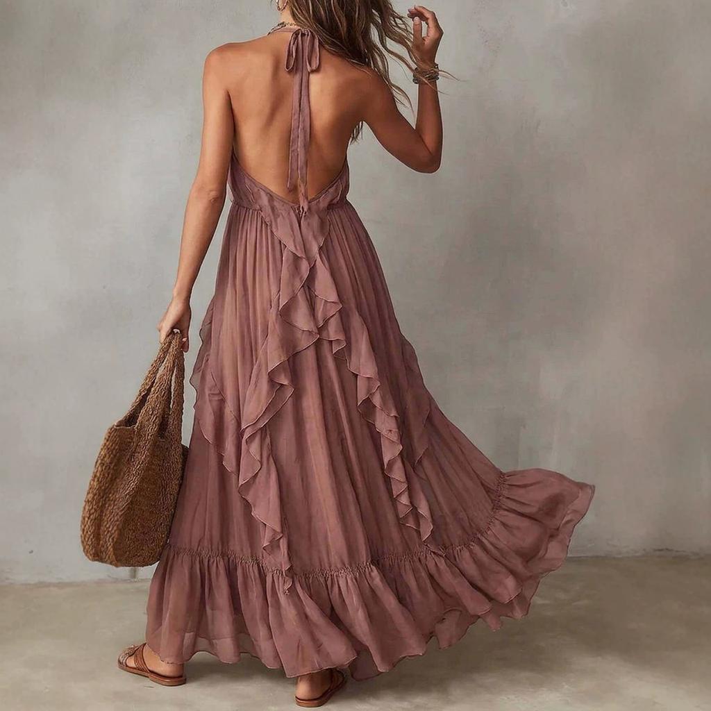 European and American style pleated ruffle edge suspender dress women's summer vacation long dress elegant irregular design skirt