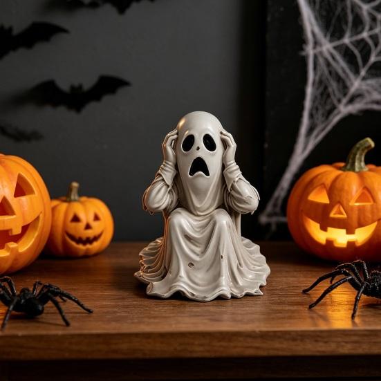Yousheng Halloween Ghost Figurine, Scary Face Ghost Statue, Resin Spooky White Ghost Decoration for Indoor Home, Office, Desk
