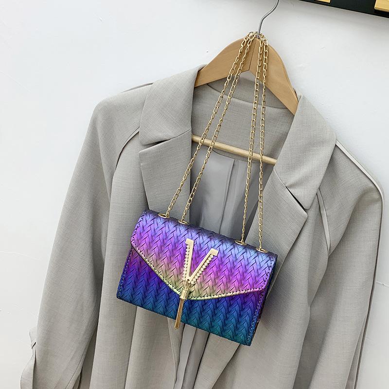 

Letter tassel flip small square bag personalized trend woven mobile phone bag fashion gradual change color chain messenger bag women s bag