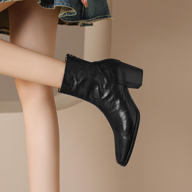 Fashion 2025 Autumn/Winter Women Boots Genuine Leather Women Shoes Square Toe Chunky Heel Shoes Zip Ankle Boots Lace-up Modern Boots