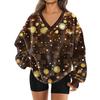 Women's Fashionable V-neck Christmas Printed Long Sleeved Casual Pullover Plush Warm Pocket Sweatshirt Top