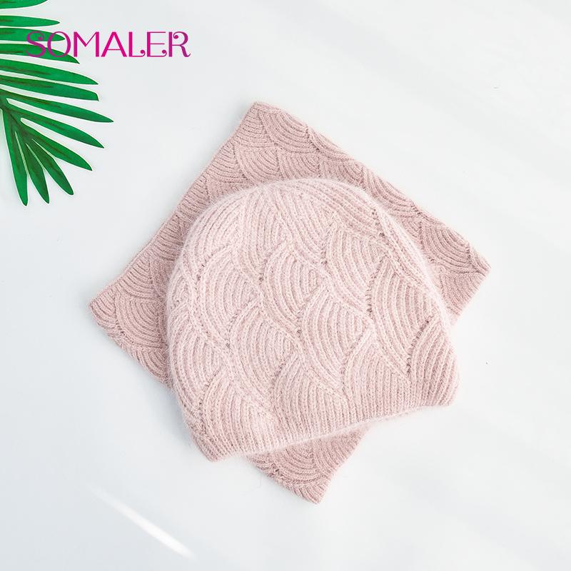 SOMALER Women's Winter Warm Fluffy Angora Hat Scarf Set Warm Angora Wool Knit Beanie  Neck Warmer 2 in 1 Gift Set
