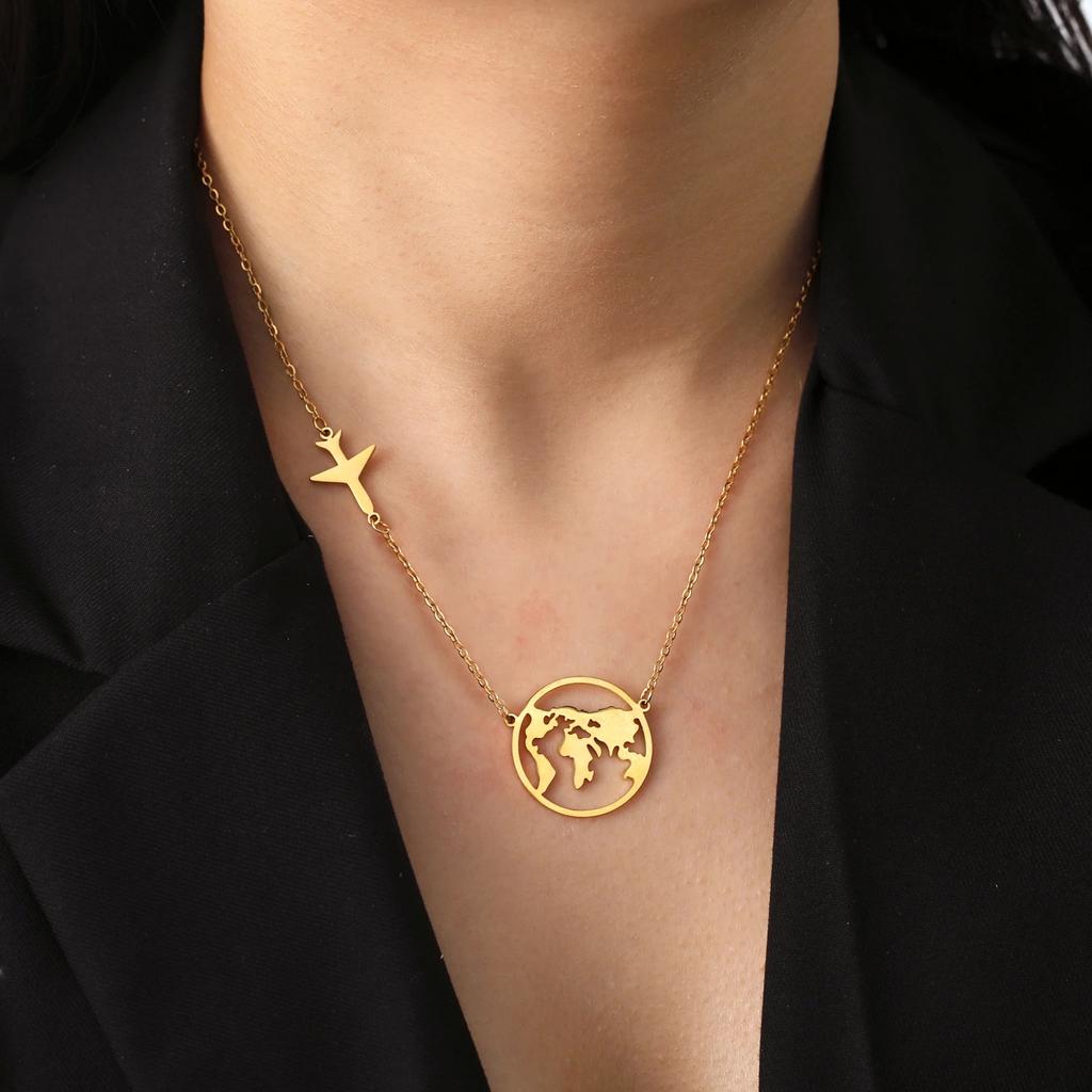 Jeshayuan Hollow World Map Necklace Aircraft And Globe Circle Charm Necklace Birthday Gifts