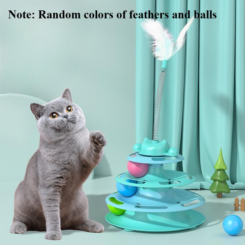 1pcs 3-Layer Feather Cat Turntable with Fun Toy Ball and Playing Stick - Interactive Toy for Cats
