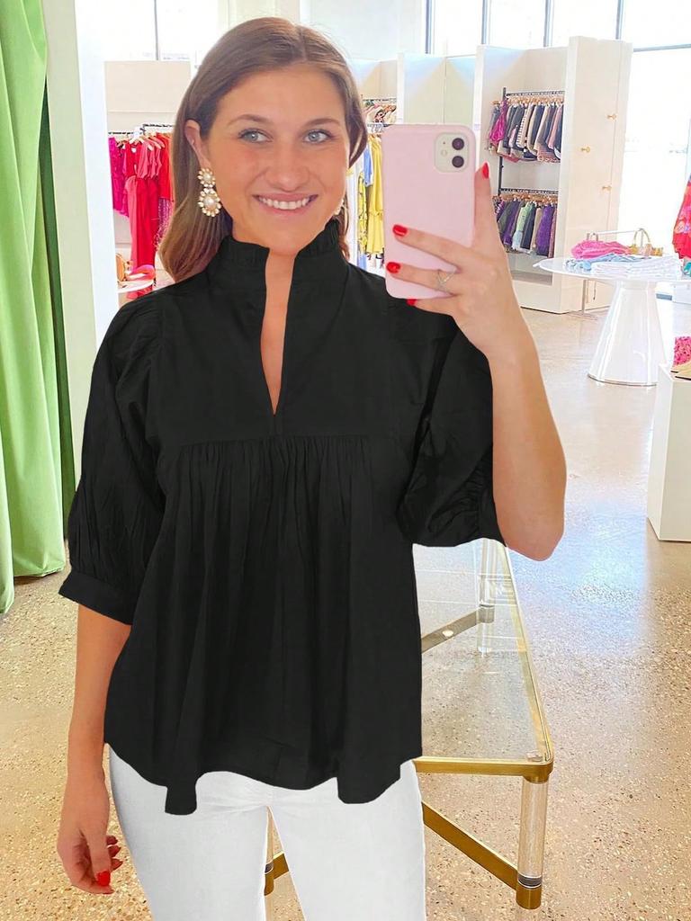 Women's Puff Sleeve V Neck Babydoll Blouse Peplum Pleated Loose Dressy Casual Top