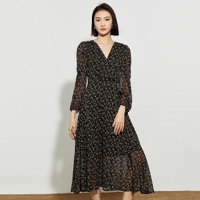 Women's French Retro Print V-Neck Midi Dress