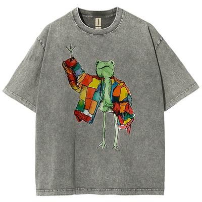Fun Style Cartoon Frog Print T-shirt Men's and Women's Water Wash Vintage Short Sleeve Summer Fashion Casual